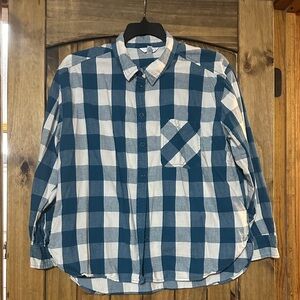 Time and Tru Teal and Cream Checkered Button Down Shirt